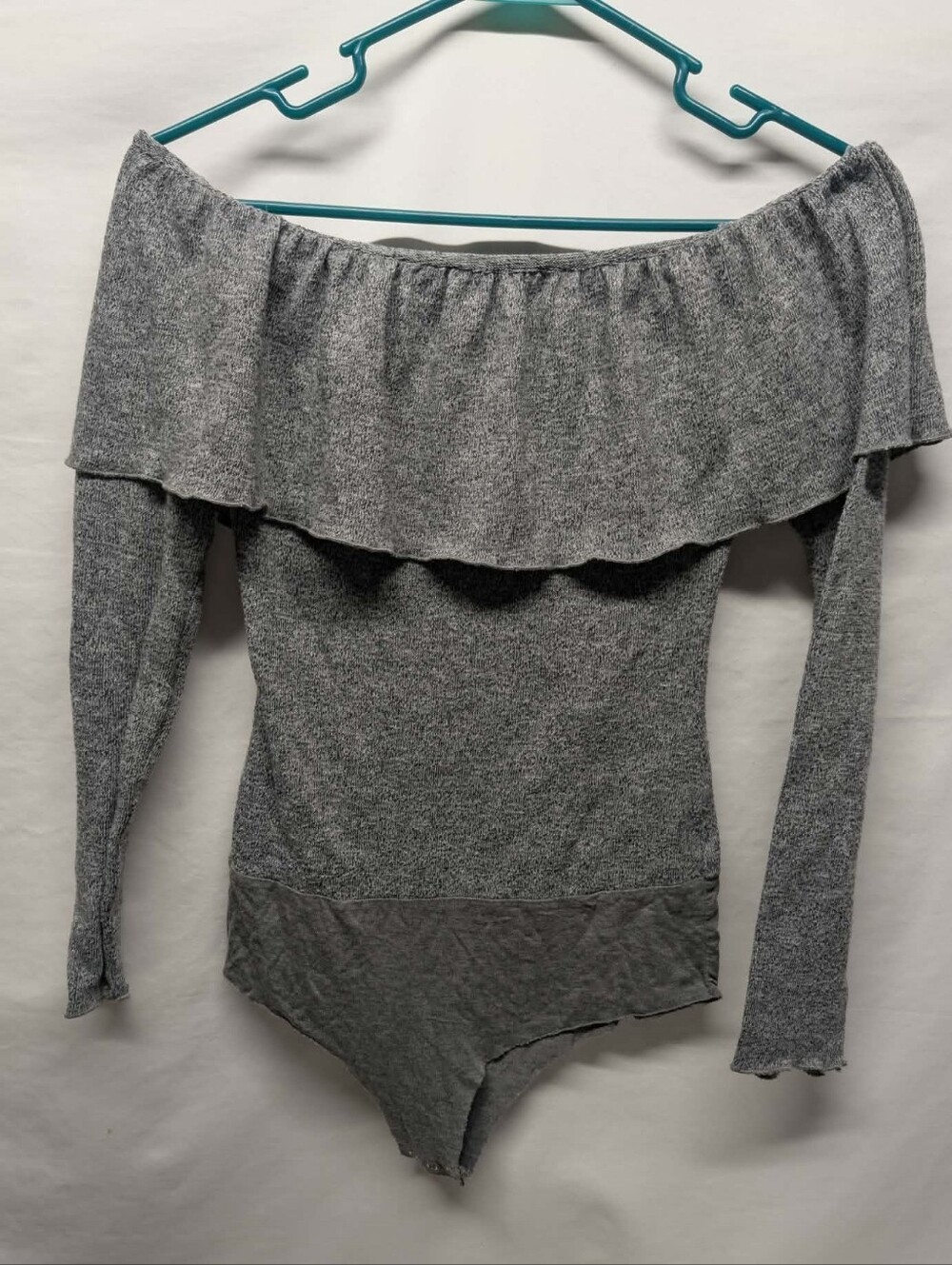 Off-Shoulder Gray Ruffle Bodysuit